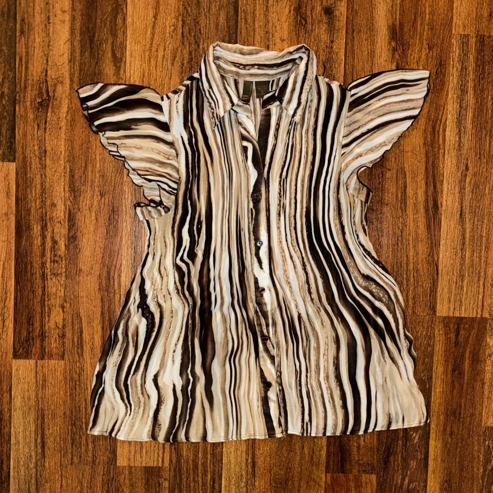 Serenade New York Woman Brown Abstract Stripe Flutter Sleeve Blouse 1X